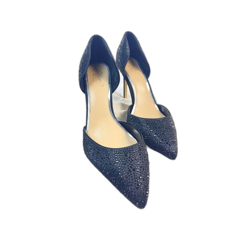 Jewel‎ Badgley Mischka Alexandra Rhinestone Black Satin Heels Sz 10 Pumps